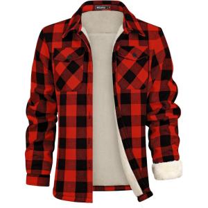 WULFUL Men’s Flannel Fleece Jackets Sherpa Lined Shirt Jacket Plaid Jackets Shacket Winter Outerwear Warm(Red798)