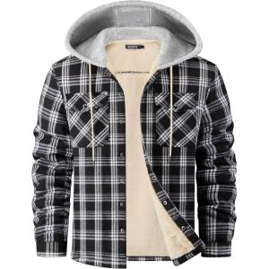 WULFUL Men’s Flannel Plaid Shirts Jacket Fleece Lined Winter Shirts Soft Warm Coat with Hood for Men(Black758)