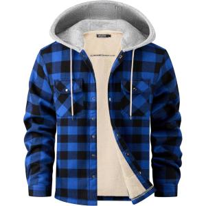 WULFUL Men’s Flannel Plaid Shirts Jacket Fleece Lined Winter Shirts Soft Warm Coat with Hood for Men(Blue804)