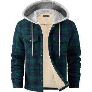 WULFUL Men’s Flannel Plaid Shirts Jacket Fleece Lined Winter Shirts Soft Warm Coat with Hood for Men(Green813)