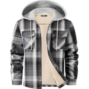 WULFUL Men’s Flannel Plaid Shirts Jacket Fleece Lined Winter Shirts Soft Warm Coat with Hood for Men(Grey567)