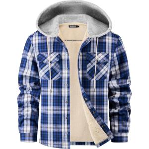 WULFUL Men’s Flannel Plaid Shirts Jacket Fleece Lined Winter Shirts Soft Warm Coat with Hood for Men(Navy768)