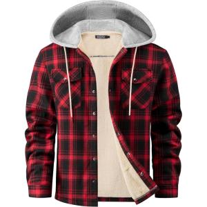 WULFUL Men’s Flannel Plaid Shirts Jacket Fleece Lined Winter Shirts Soft Warm Coat with Hood for Men(Red711)