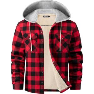 WULFUL Men’s Flannel Plaid Shirts Jacket Fleece Lined Winter Shirts Soft Warm Coat with Hood for Men(Red798)