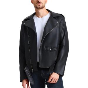 WULFUL Men’s Leather Jackets, Faux Bomber Jacket for Men Motorcycle Lapel Asymmetric Zip-Up Slim Fit Biker Coat(Black-010)