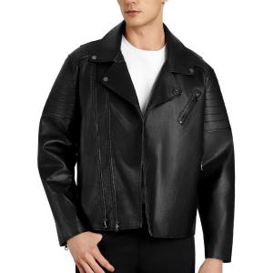 WULFUL Men’s Leather Jackets, Faux Bomber Jacket for Men Motorcycle Lapel Asymmetric Zip-Up Slim Fit Biker Coat(Black-019)