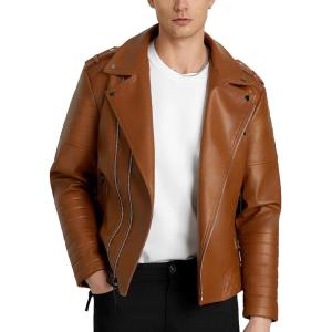 WULFUL Men’s Leather Jackets, Faux Bomber Jacket for Men Motorcycle Lapel Asymmetric Zip-Up Slim Fit Biker Coat(Brown-007)