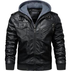 WULFUL Men’s Leather Jackets, Faux Leather Jacket for Men Lapel Zip-Up Slim Fit Coat(Black-022)