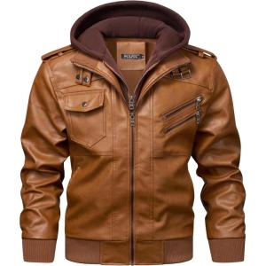 WULFUL Men’s Leather Jackets, Faux Leather Jacket for Men Lapel Zip-Up Slim Fit Coat(Brown-022)