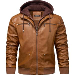 WULFUL Men’s Leather Jackets, Faux Leather Jacket for Men Lapel Zip-Up Slim Fit Coat(Brown-025)
