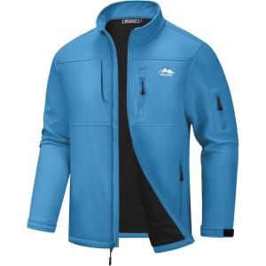WULFUL Men’s Lightweight Softshell Jacket Warm Fleece Lined Windbreaker Waterproof Rain Jacket for Winter Outdoor Hiking(Blue)