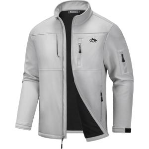 WULFUL Men’s Lightweight Softshell Jacket Warm Fleece Lined Windbreaker Waterproof Rain Jacket for Winter Outdoor Hiking(Light Grey)