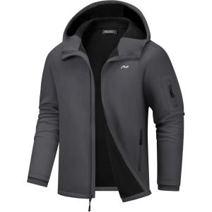 WULFUL Men’s Lightweight Softshell Jacket Warm Fleece Lined Windbreaker Waterproof Soft Shell for Outdoor Hiking(Dark Grey)