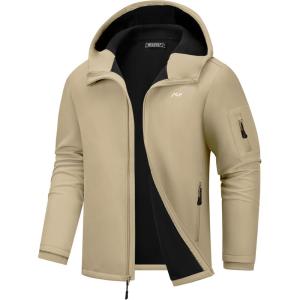 WULFUL Men’s Lightweight Softshell Jacket Warm Fleece Lined Windbreaker Waterproof Soft Shell for Outdoor Hiking(Khaki)