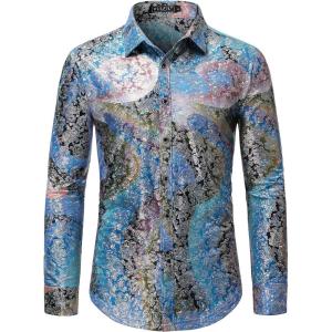 WULFUL Men’s Luxury Disco Party Prom Paisley Gold Shiny Long Sleeve Dress Shirts Button Down Shirts