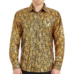 WULFUL Men’s Luxury Disco Party Prom Paisley Gold Shiny Long Sleeve Dress Shirts Button Down Shirts(Gold)