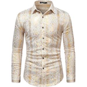 WULFUL Men’s Luxury Disco Party Prom Paisley Gold Shiny Long Sleeve Dress Shirts Button Down Shirts(Gold-white 0172)