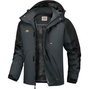 WULFUL Men’s Ski Jackets Warm Winter Snow Windbreaker Resistant Snowboard Fleece Coat Mountain Waterproof Parka with Hood(Black-dark Grey)