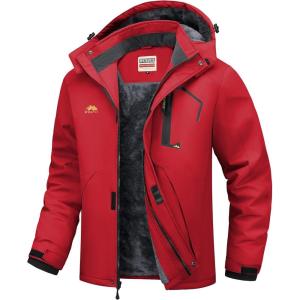 WULFUL Men’s Ski Jackets Warm Winter Snow Windbreaker Resistant Snowboard Fleece Coat Mountain Waterproof Parka with Hood(Red)