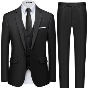 WULFUL Men’s Slim Fit 3 Piece Suit, One Button Solid Blazer Business Party Jacket Vest Pants Set(Black)