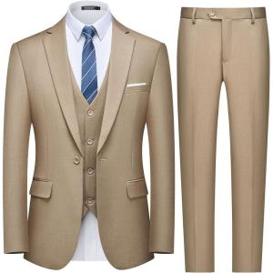 WULFUL Men’s Slim Fit 3 Piece Suit, One Button Solid Blazer Business Party Jacket Vest Pants Set(Brown)
