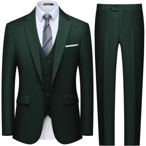 WULFUL Men’s Slim Fit 3 Piece Suit, One Button Solid Blazer Business Party Jacket Vest Pants Set(Dark Green)