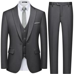 WULFUL Men’s Slim Fit 3 Piece Suit, One Button Solid Blazer Business Party Jacket Vest Pants Set(Dark Grey)
