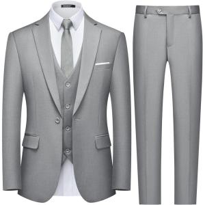WULFUL Men’s Slim Fit 3 Piece Suit, One Button Solid Blazer Business Party Jacket Vest Pants Set(Grey)