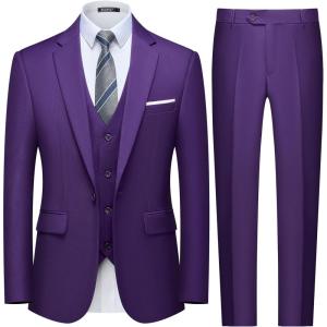 WULFUL Men’s Slim Fit 3 Piece Suit, One Button Solid Blazer Business Party Jacket Vest Pants Set(Purple)
