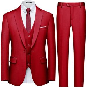 WULFUL Men’s Slim Fit 3 Piece Suit, One Button Solid Blazer Business Party Jacket Vest Pants Set(Red)