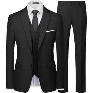 WULFUL Men’s Slim Fit 3 Piece Suits Two Button Blazer Vest & Pants Tuxedo Set for Business Wedding Party(Black)