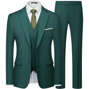 WULFUL Men’s Slim Fit 3 Piece Suits Two Button Blazer Vest & Pants Tuxedo Set for Business Wedding Party(Blackish Green)