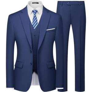 WULFUL Men’s Slim Fit 3 Piece Suits Two Button Blazer Vest & Pants Tuxedo Set for Business Wedding Party(Navy)