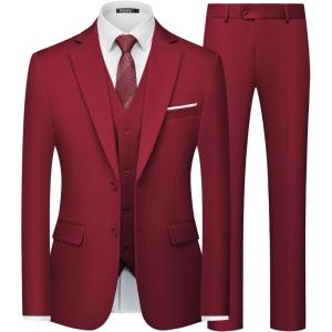 WULFUL Men’s Slim Fit 3 Piece Suits Two Button Blazer Vest & Pants Tuxedo Set for Business Wedding Party(Red)