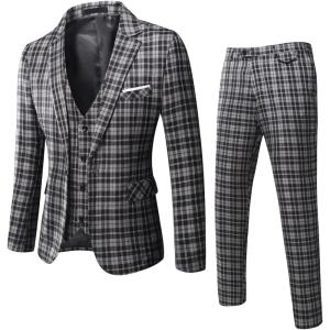 WULFUL Men’s Slim Fit Suit One Button 3-Piece Blazer Dress Business Wedding Party Jacket Vest & Pant(Black-056)