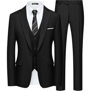 WULFUL Men’s Slim Fit Suit One Button 3-Piece Blazer Dress Business Wedding Party Jacket Vest & Pant(Brilliant Black)