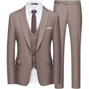 WULFUL Men’s Slim Fit Suit One Button 3-Piece Blazer Dress Business Wedding Party Jacket Vest & Pant(Coffee-055)