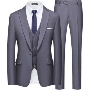 WULFUL Men’s Slim Fit Suit One Button 3-Piece Blazer Dress Business Wedding Party Jacket Vest & Pant(Dark Grey)