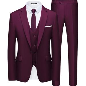 WULFUL Men’s Slim Fit Suit One Button 3-Piece Blazer Dress Business Wedding Party Jacket Vest & Pant(Dark Red)