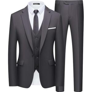 WULFUL Men’s Slim Fit Suit One Button 3-Piece Blazer Dress Business Wedding Party Jacket Vest & Pant(Grey-0127)