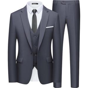 WULFUL Men’s Slim Fit Suit One Button 3-Piece Blazer Dress Business Wedding Party Jacket Vest & Pant(Grey-054)