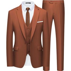 WULFUL Men’s Slim Fit Suit One Button 3-Piece Blazer Dress Business Wedding Party Jacket Vest & Pant(New-orange)