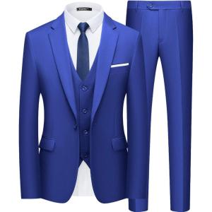 WULFUL Men’s Slim Fit Suit One Button 3-Piece Blazer Dress Business Wedding Party Jacket Vest & Pant(Royal Blue)