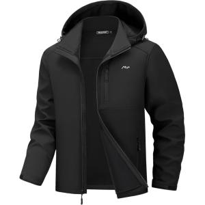 WULFUL Men’s Softshell Jacket Waterproof Lightweight Insulated Windbreaker Fleece Lined Rain Shell Jacket for Hiking Travel(Black)