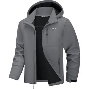 WULFUL Men’s Softshell Jacket Waterproof Lightweight Insulated Windbreaker Fleece Lined Rain Shell Jacket for Hiking Travel(Dark Grey)