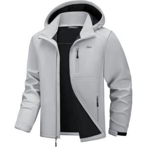 WULFUL Men’s Softshell Jacket Waterproof Lightweight Insulated Windbreaker Fleece Lined Rain Shell Jacket for Hiking Travel(Light Grey)