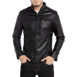 WULFUL Men’s Stand Collar Leather Jacket Motorcycle Lightweight Faux Leather Outwear(Black)
