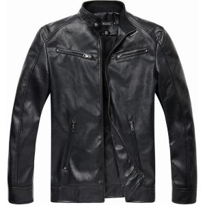 WULFUL Men’s Stand Collar Leather Jacket Motorcycle Lightweight Faux Leather Outwear(Black0072)