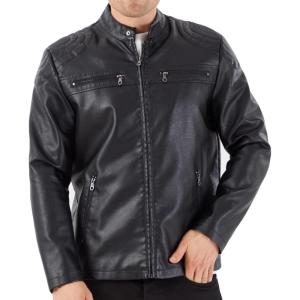 WULFUL Men’s Stand Collar Leather Jacket Motorcycle Lightweight Faux Leather Outwear(Black0073)