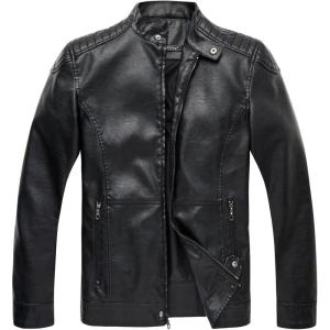 WULFUL Men’s Stand Collar Leather Jacket Motorcycle Lightweight Faux Leather Outwear(Black0075)